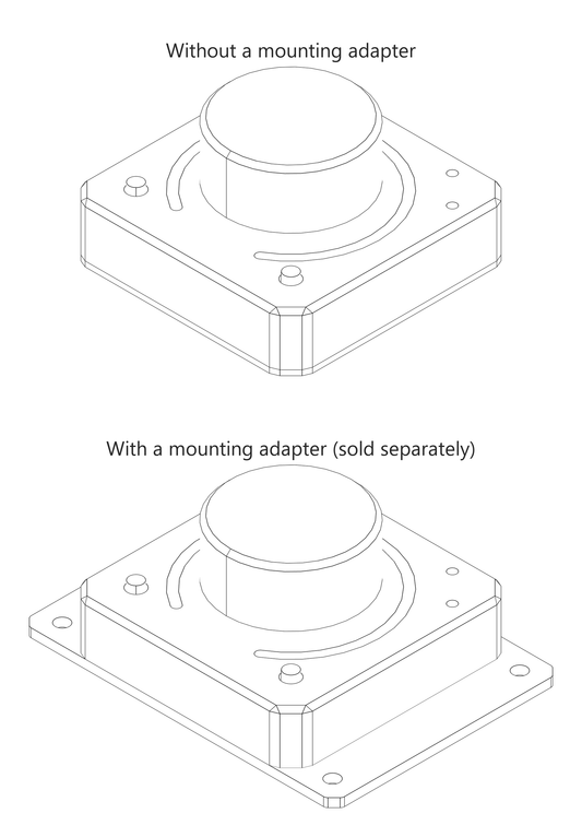 Line drawing comparing the 1ES2K with and without the mounting adapter, seen at an angle; the adapter adds a 10 mm wing on each side with a screw hole in each corner