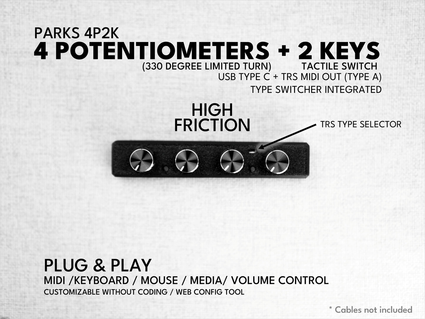 Park's 4P2k (4 Potentiometers + 2 Keys) / Midi controller dial / knob / USB / customizable channel CC / plug and play / Sound Devices