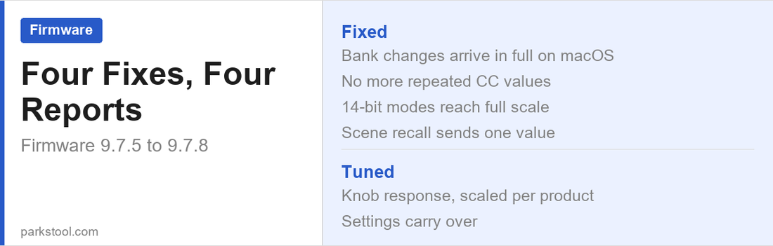 ParksTool firmware 9.7.5 to 9.7.8 - four fixes from four user reports