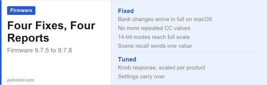 ParksTool firmware 9.7.5 to 9.7.8 - four fixes from four user reports