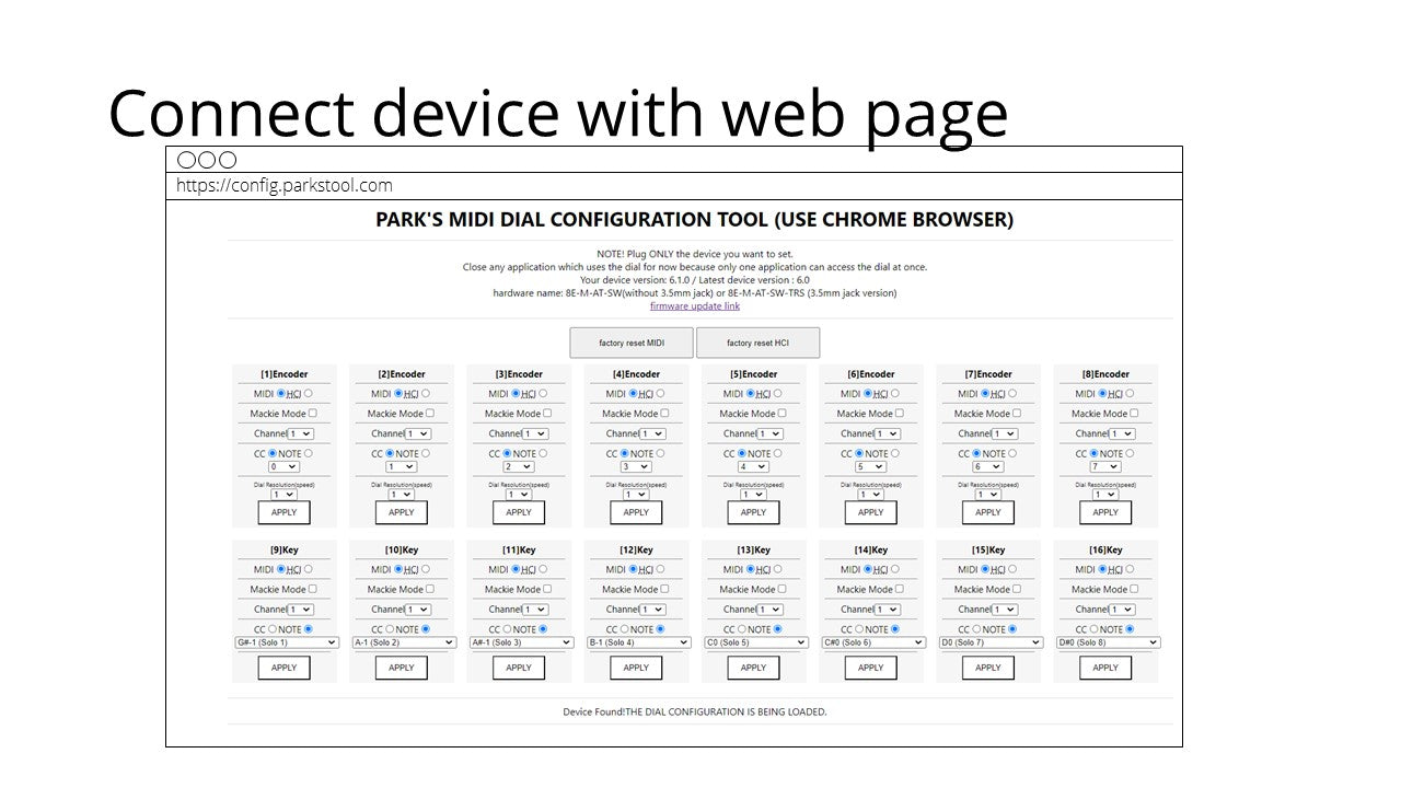 WEB CONFIGURATOR - Change CC, Note via Web browser – ParksTool