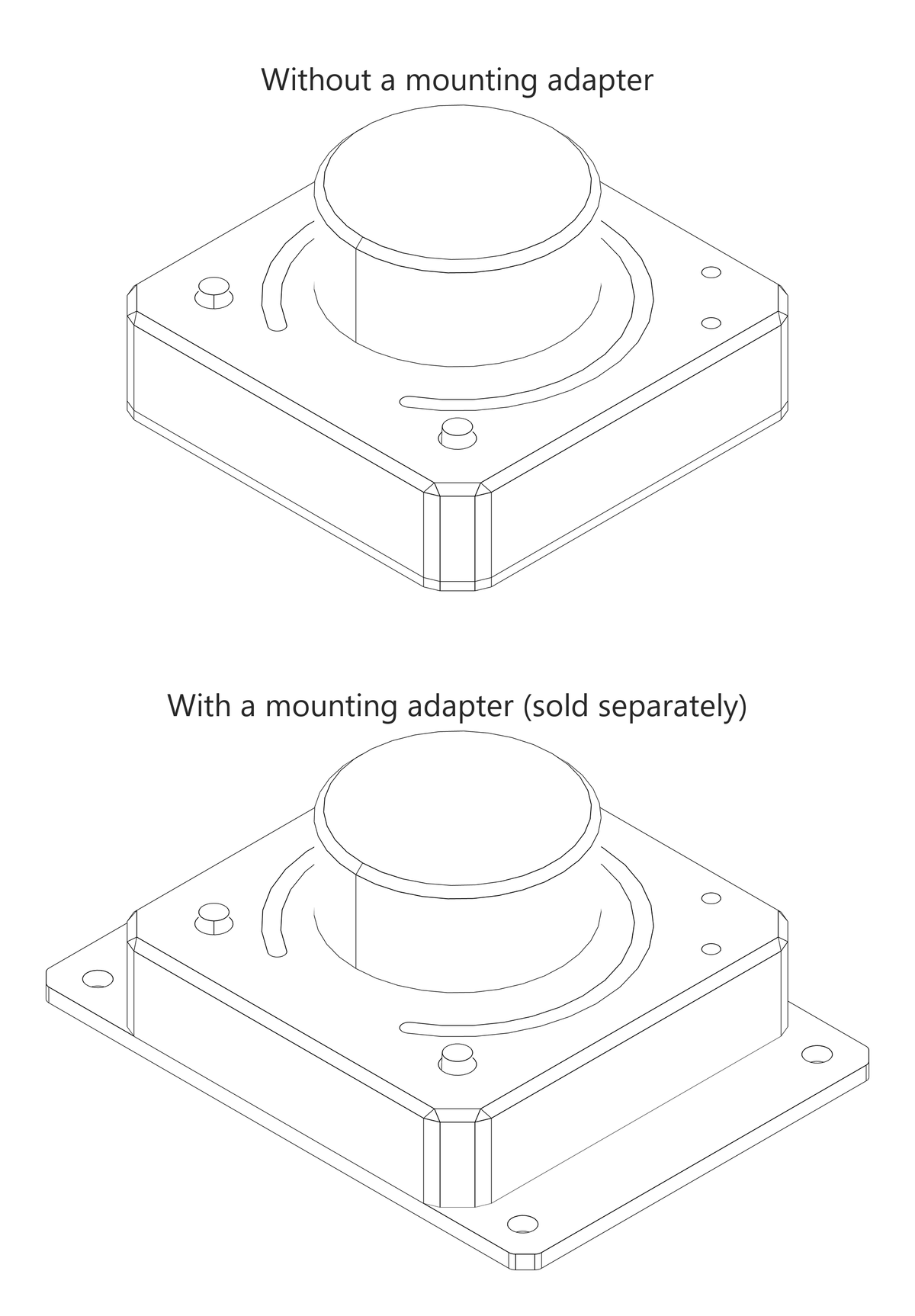Line drawing comparing the 1ES2K with and without the mounting adapter, seen at an angle; the adapter adds a 10 mm wing on each side with a screw hole in each corner