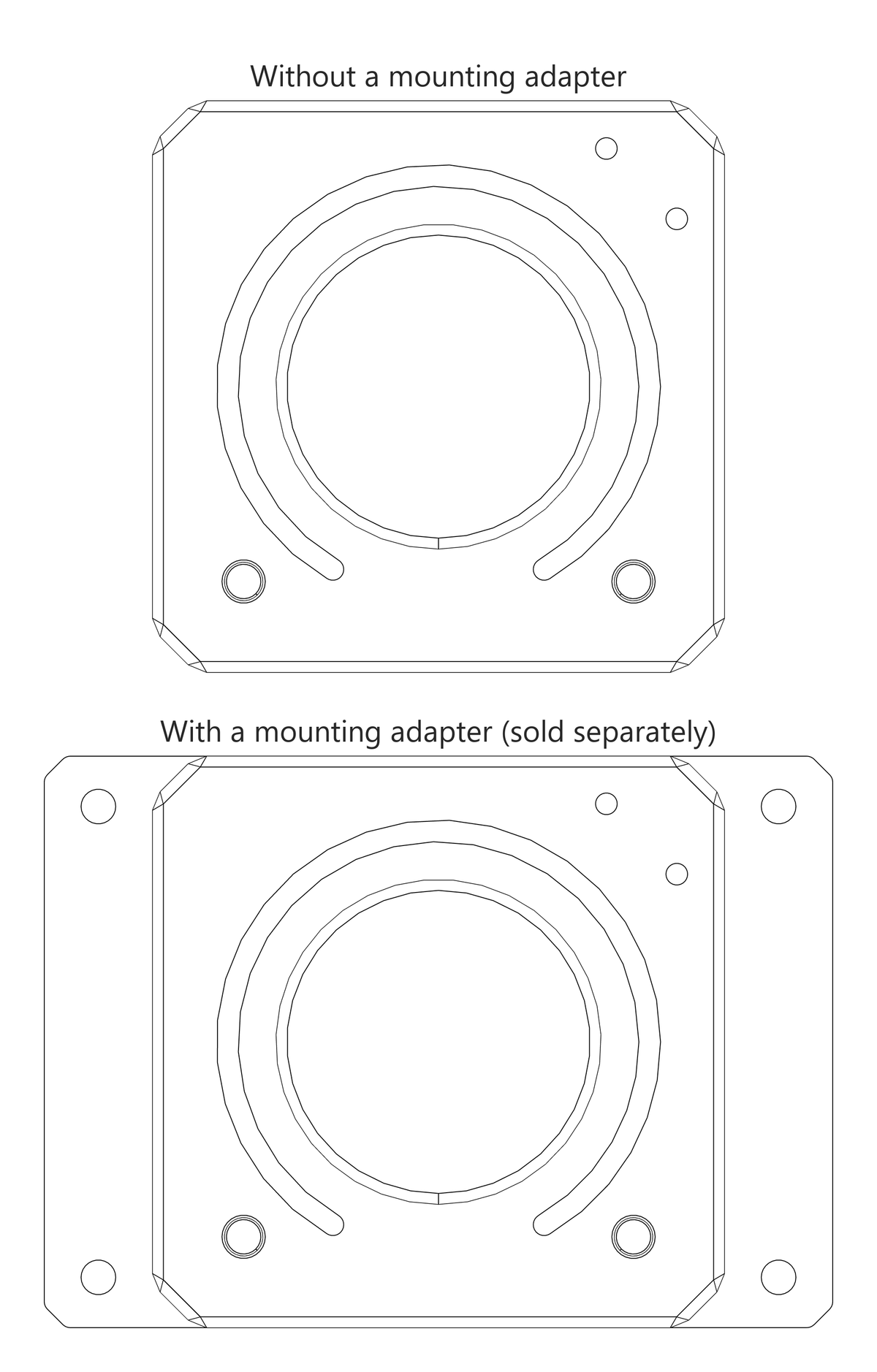 Top-down line drawing comparing the 1ES2K with and without the mounting adapter, showing the four screw holes on the extended base plate