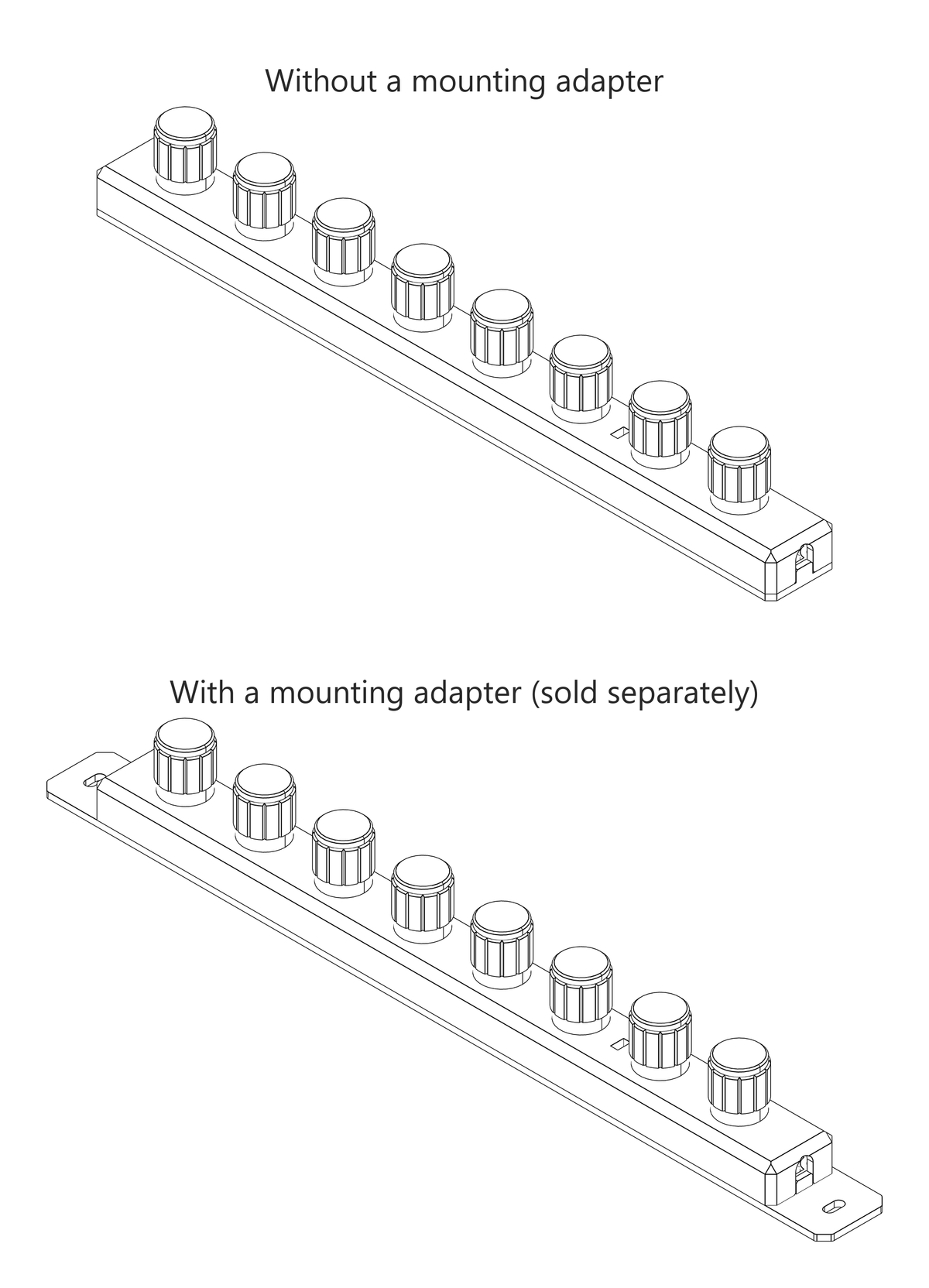 Line drawing comparing the 8ES with and without the mounting adapter, seen at an angle; the adapter extends the base plate by 18.1 mm on each side with a mounting slot