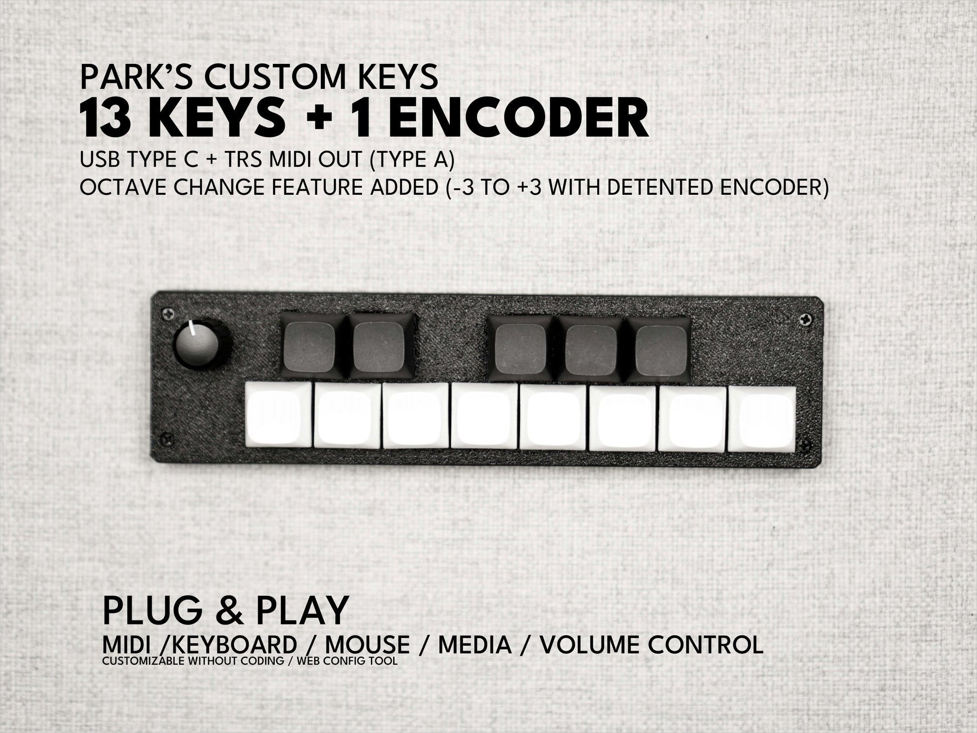 Park's Custom 13 keys + one encoder / customizable shortcut keyboard / MIDI note cc MCP / volume media control / mechanical keyboard DIY