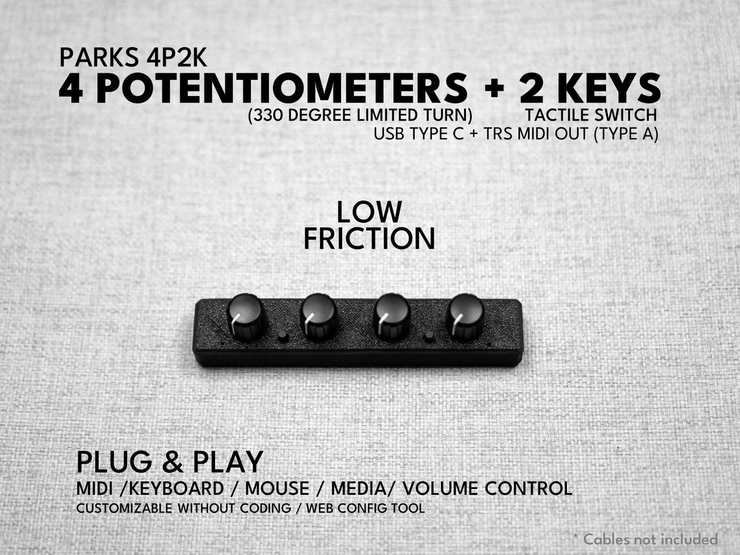 Park's 4P2k (4 Potentiometers + 2 Keys) / Midi controller dial / knob / USB / customizable channel CC / plug and play / Sound Devices