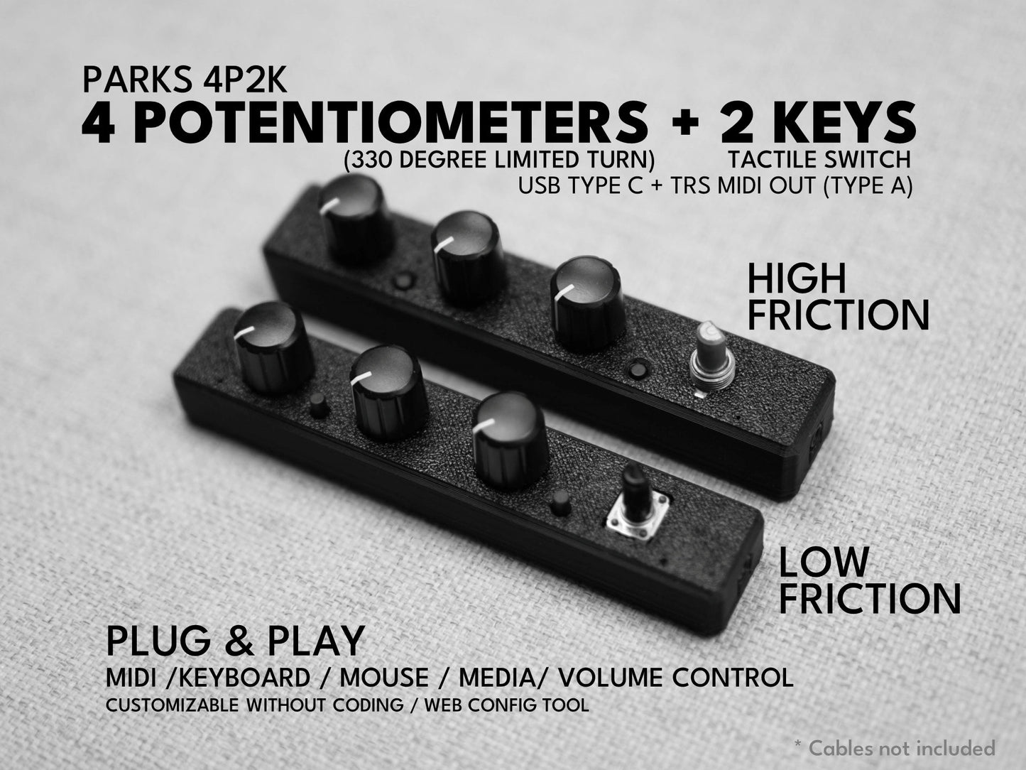 Park's 4P2k (4 Potentiometers + 2 Keys) / Midi controller dial / knob / USB / customizable channel CC / plug and play / Sound Devices