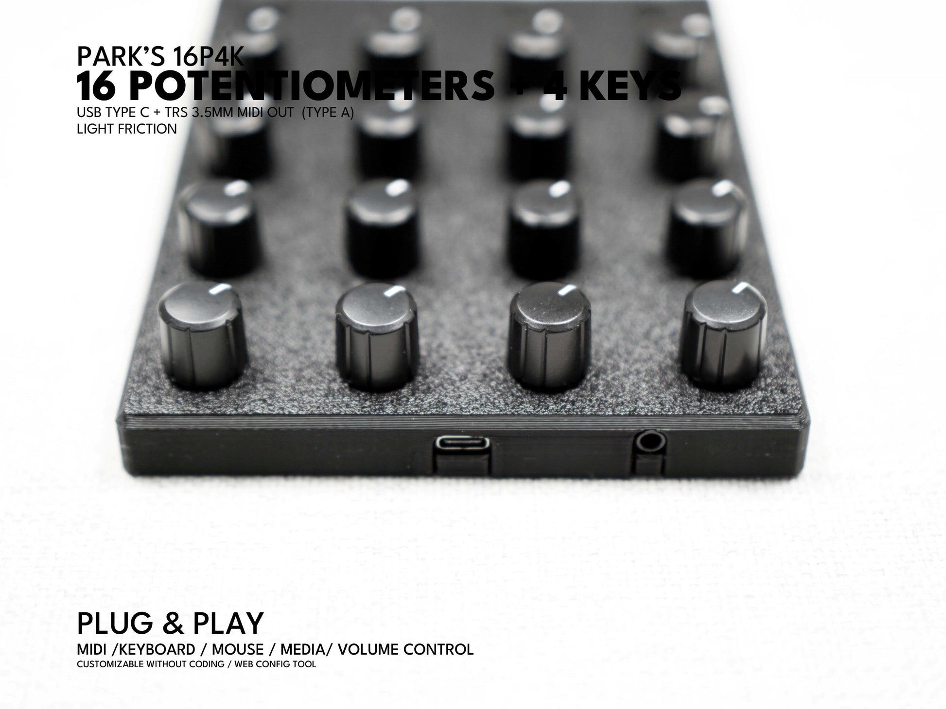 Park's 16P 4K (16Potentiometers + 4 Keys) / MIDI Dials / knob / usb C / TRS / customizable channel and CC / plug and play / mcp