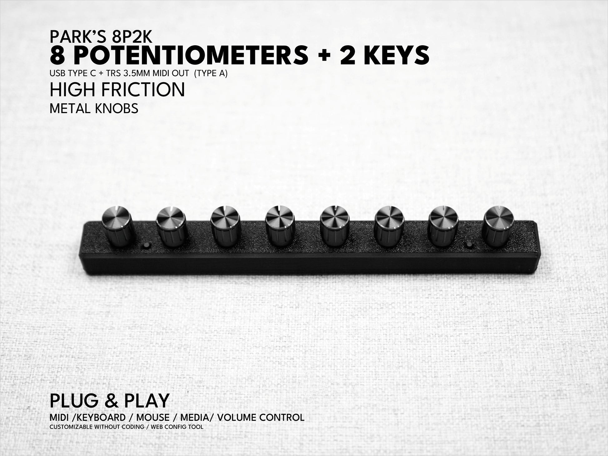 Park's 8P (8 Potentiometers) / Midi controller dial / knob / USB / customizable / plug and play / MCP / keyboard mouse / sound devices