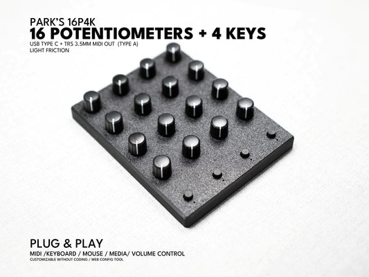 Park's 16P 4K (16Potentiometers + 4 Keys) / MIDI Dials / knob / usb C / TRS / customizable channel and CC / plug and play / mcp