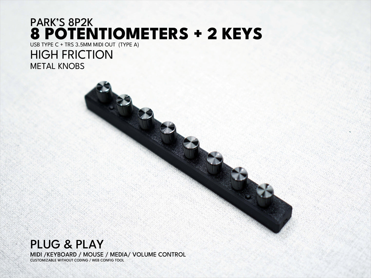 Park's 8P (8 Potentiometers) / Midi controller dial / knob / USB / customizable / plug and play / MCP / keyboard mouse / sound devices