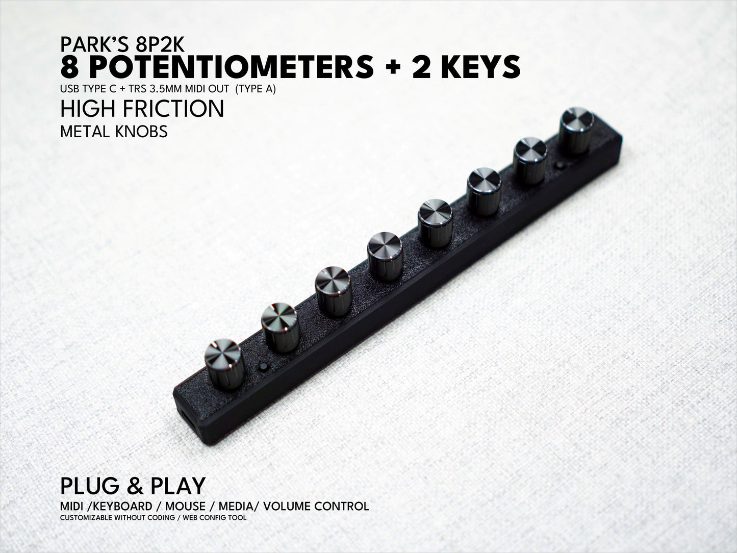 Park's 8P (8 Potentiometers) / Midi controller dial / knob / USB / customizable / plug and play / MCP / keyboard mouse / sound devices