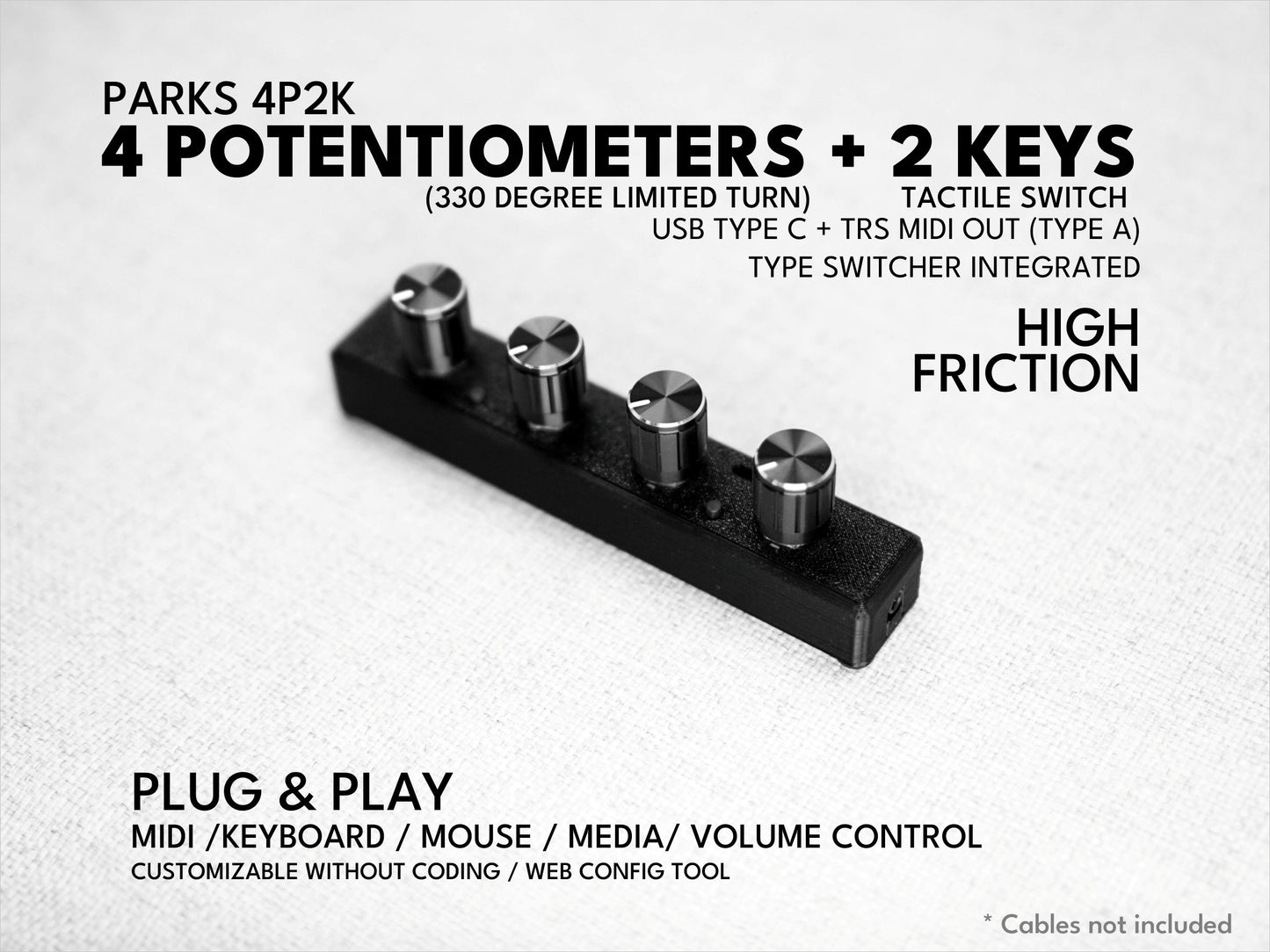 Park's 4P2k (4 Potentiometers + 2 Keys) / Midi controller dial / knob / USB / customizable channel CC / plug and play / Sound Devices