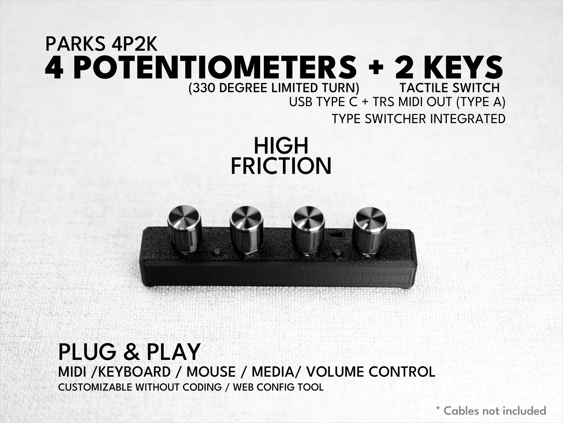 Park's 4P2k (4 Potentiometers + 2 Keys) / Midi controller dial / knob / USB / customizable channel CC / plug and play / Sound Devices